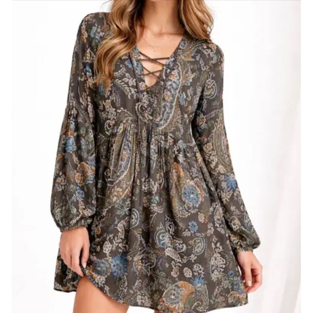 Free People Rain Or Shine Paisley Tunic Mini Dress Gray Lace Up Boho Women's M
